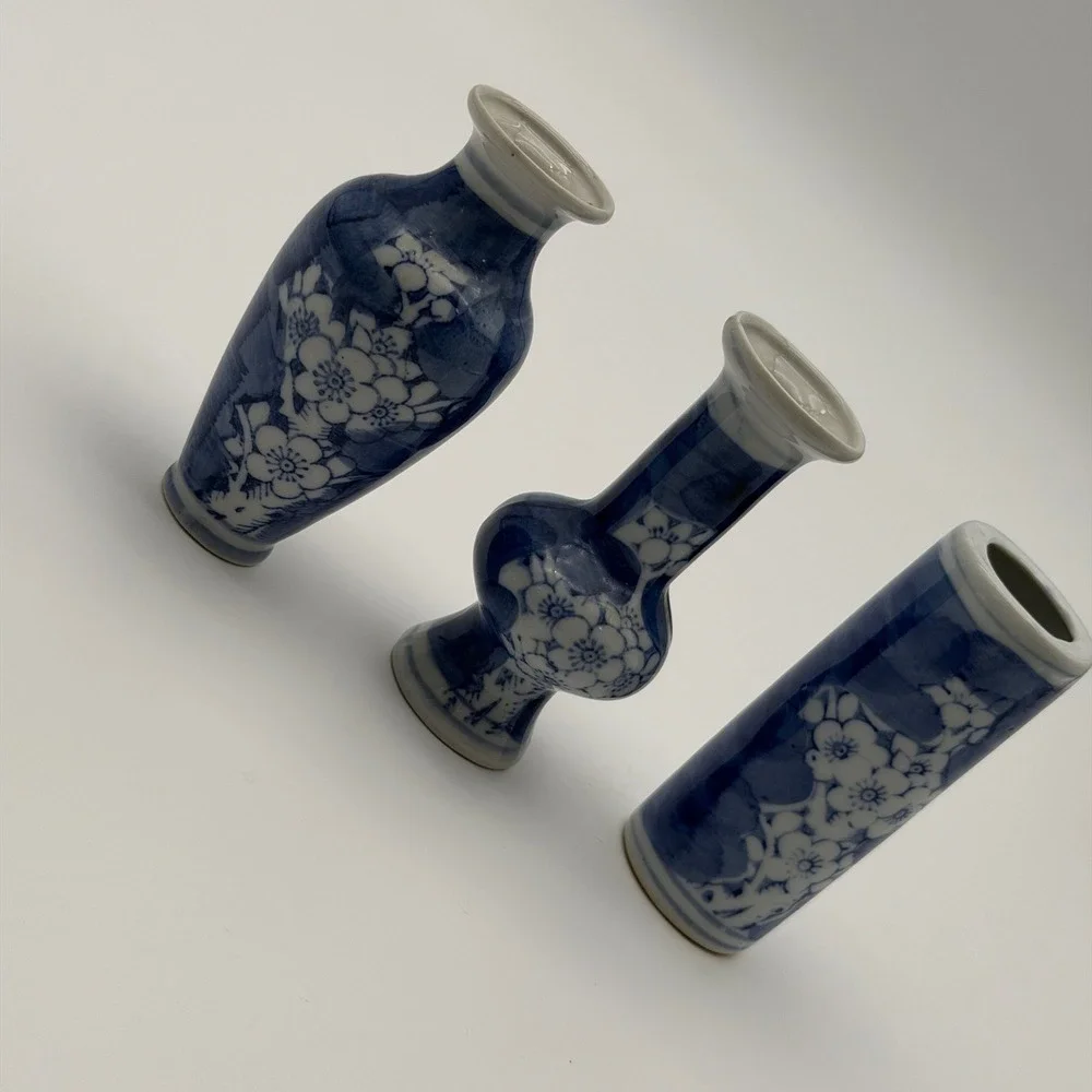 Set of 3 Blue and White Porcelain Miniature Bud Vases Cherry Blossom Floral